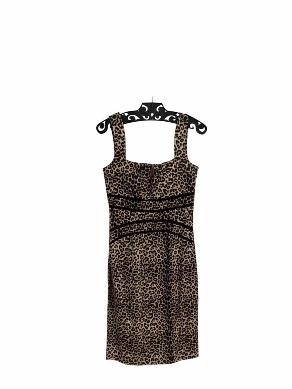 XOXO Leopard Print Sheath Dress Square Neck Velvet Trim Tan Black Size 0/0